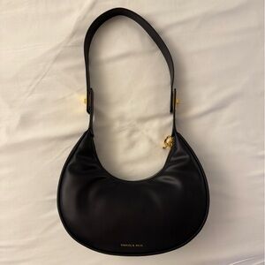 charles and kieth crescent hobo shoulder Black Leather Women's Bag